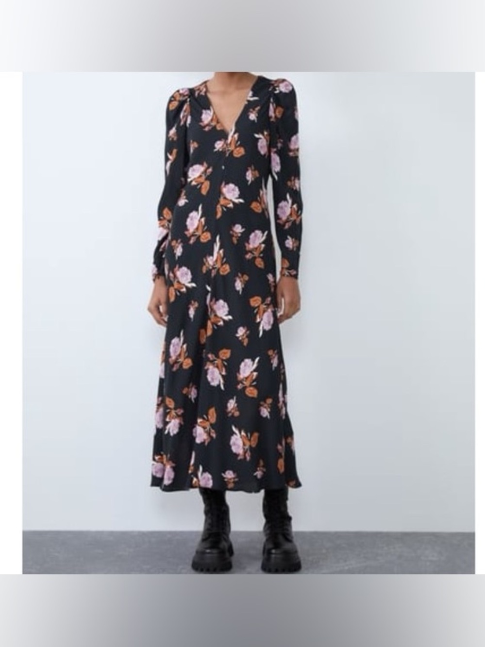 Zara Floral Puff Sleeves Midi Dress Large New
